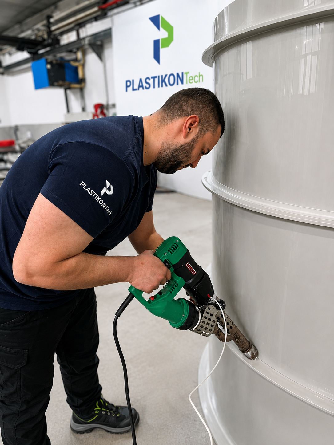 Plastikon Tech technician welding a custom tank